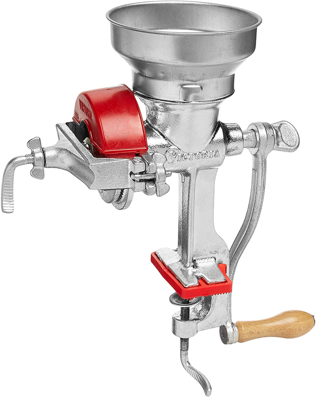 Victoria Manual Low Hopper Grain Grinder, Silver, Red