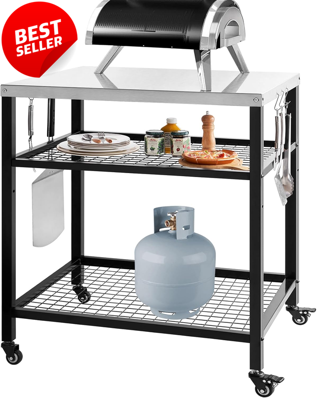 Stainless Steel Grill Cart Pizza Oven Table 3 Shelf Wheels Silver Black - US