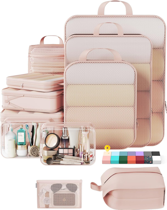 11 Set Compression Packing Cubes for Travel Essentials,Compressible Expandable Large Luggage Suitcase Organizer Bags for Clothing,Durable Space Saver Storage Bags with Toiletry Bags(Beige)