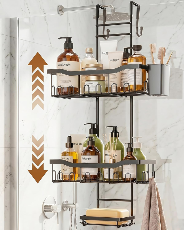 Shower Caddy Hanging Over-The-Door 3-Tier Black Bathroom Organizer | Rustproof S