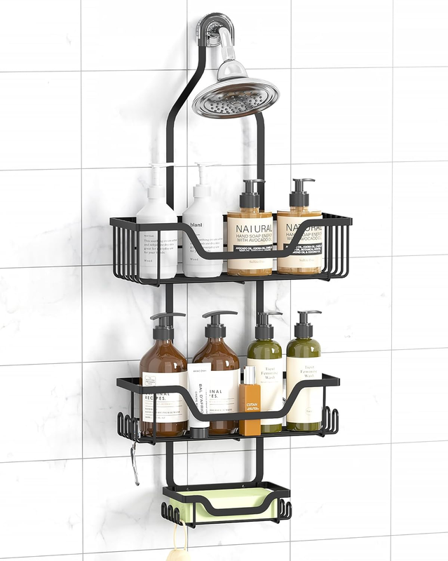 Black Shower Caddy Hanging over Shower Head No Drill | Hanging Shower Caddy, Rus