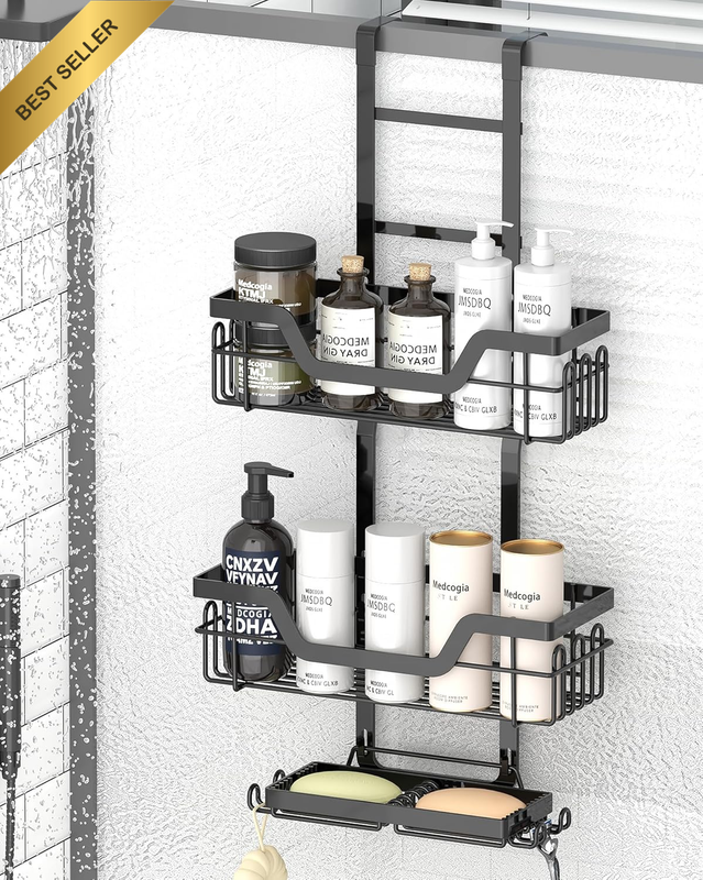 Shower Caddy Hanging over the Door Organiser | Rustproof Adjustable 3-Tier Black