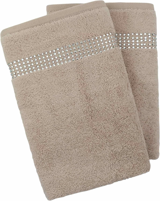 Stripe Hand Towel (Set of 2), 100% Turkish Cotton, Glass Rhinestones, Machine Washable, 16X30, Taupe