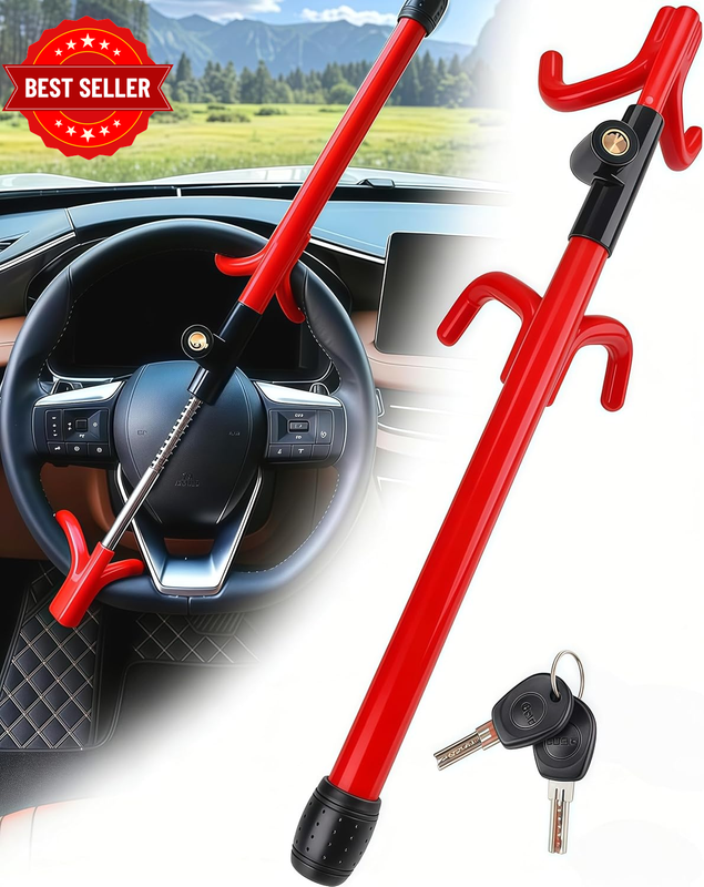 Anti-Theft Car Steering Wheel Lock, Heavy Duty Red Visual Deterrent, Double Hook