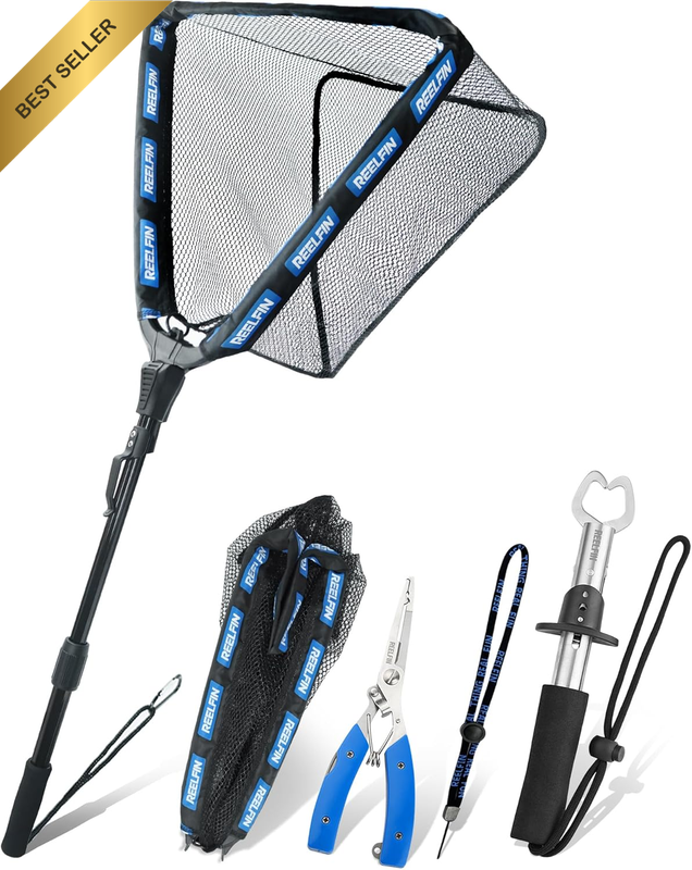 Reelfin 3-In-1 Folding Landing Net Set – 90Cm Deep Net, Fish Gripper & Lure Plie