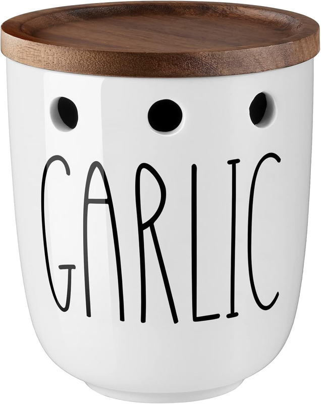 Garlic Keeper for Counter, Ceramic Garlic Keeper with Non-Sealed Acacia Wood Lid