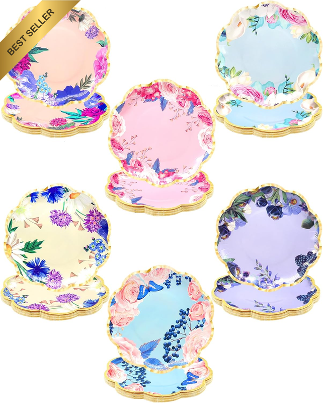 60 Pack Floral Paper Plates 9 Inch Flower Dessert Plates Sparkle Disposable Plat
