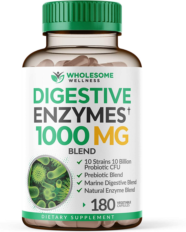 Wholesome Wellness Digestive Enzymes 1000MG - 180 Capsules, Organic Plant-Based 