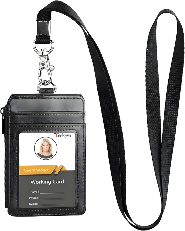 Badge Holder with Side Zip Pocket, Multiple Card Slots Leather ID Holder Wallet