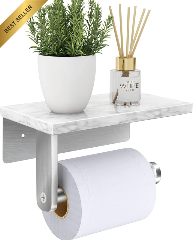 -Brushed Nickel Toilet Paper Holder with Natural Marble Shelf, 304 Stainless Ste