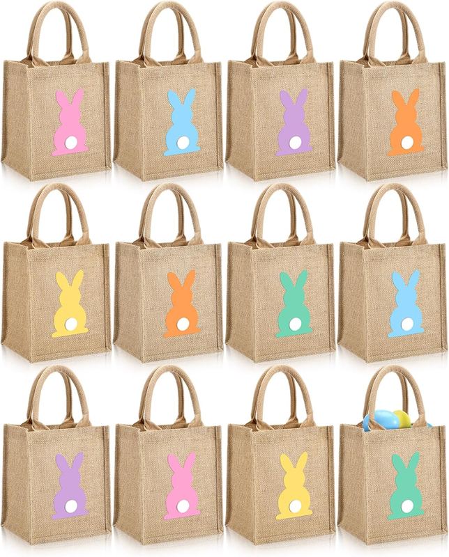 12 Pack Easter Burlap Gift Bags Large Bunny Jute Bags with Handle and Waterproof Lining Reusable Burlap Tote Bag for Kids Egg Hunt Game Spring Easter Party Supplies, 8''X10''X6''