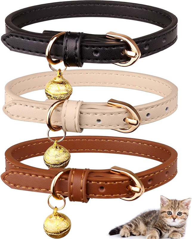 3 Pack Genuine Leather Cat Collar Kitten Bell D-Ring Adjustable Handmade Gift