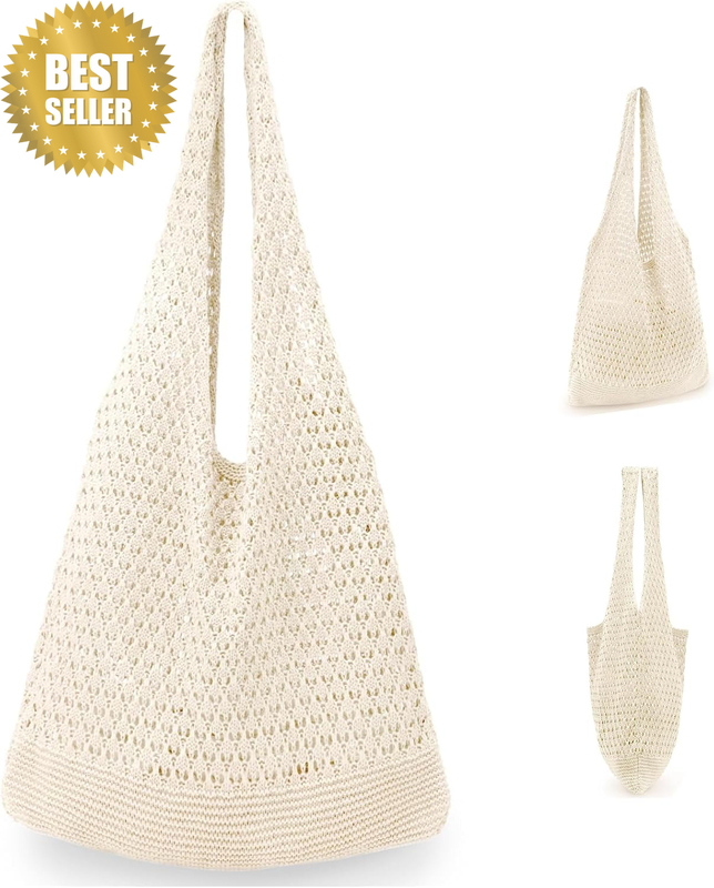 Crochet Beach Tote Bag for Women - Aesthetic Hippie Knit Bag, Handmade Summer Ba