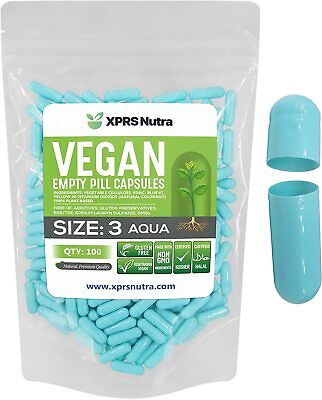 Size 3 Aqua Empty Vegan/Vegetable Vegetarian Pill Capsules Veg Vcaps Veggie Caps
