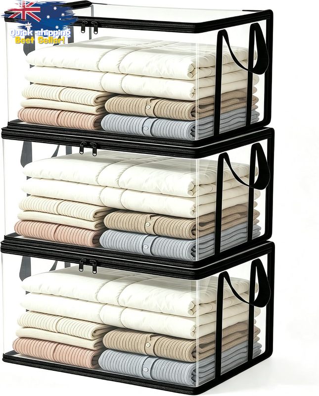 3 Pack Large Clear Storage Box with Lid, Heavy Duty Stackable Bins - Black