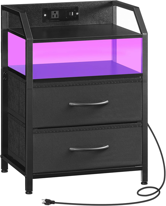 Nightstand with Charging Station, Bedside Table with 1 AC Outlet, 1 USB Port, an
