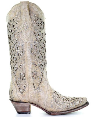 Pre-owned Corral Boots Corral Women's Glitter Inlay And Crystals Wedding Boot - Snip Toe - A3322 In White