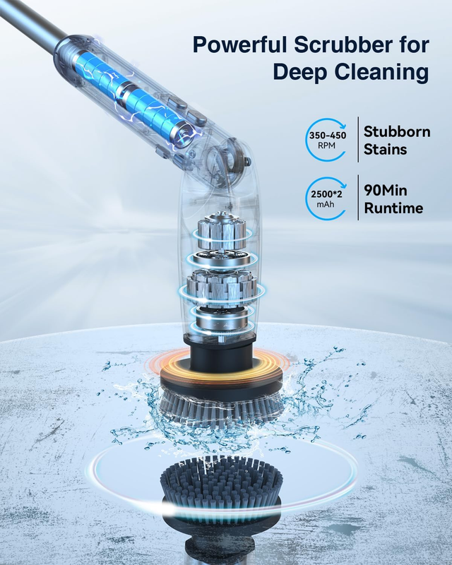 Electric Spin Scrubber, Shower Scrubber with 4 Adjustable Angles and 8 Brush Hea