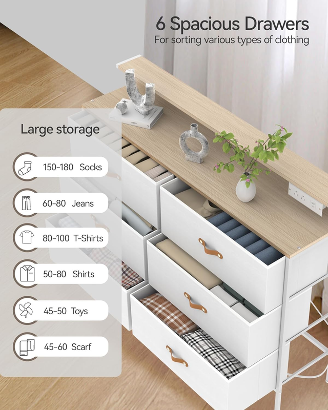 47.2" W White Dresser for Bedroom with Charging Station and LED Lights, 6 Drawer