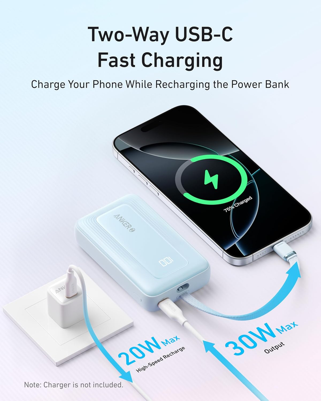 Portable Charger, 10,000mAh 30W Power Bank, USB-C in and Out Fast Charging Batte
