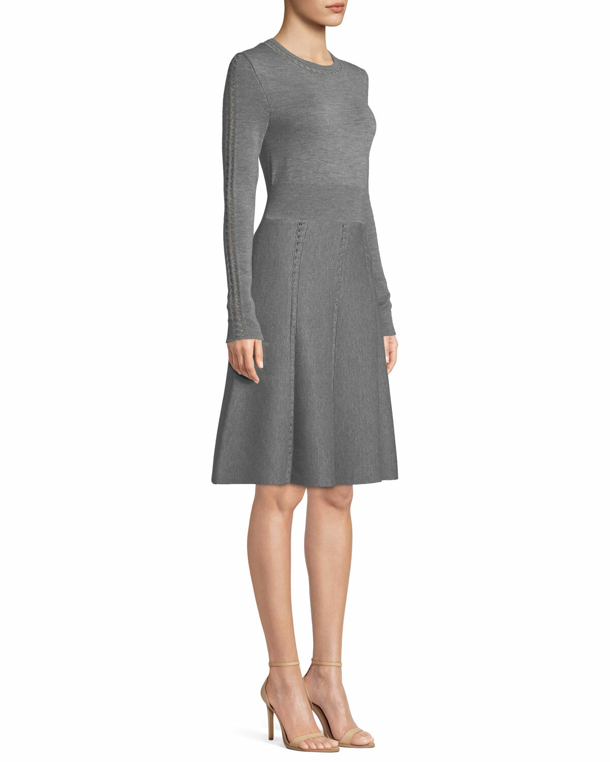 Pre-owned Pink Rose $1395 Lela Rose Crewneck Fit & Flare Loop Stitch Knit Dress Grey Wool M Xl In Gray