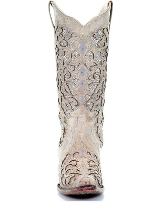 Pre-owned Corral Boots Corral Women's Glitter Inlay And Crystals Wedding Boot - Snip Toe - A3322 In White