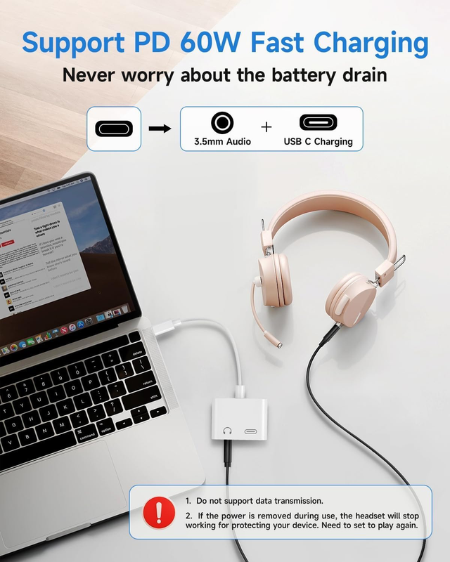 Aux to USB C 3.5mm Headphone and Charger Adapter, 2 Pack Audio Jack Headphone Ja
