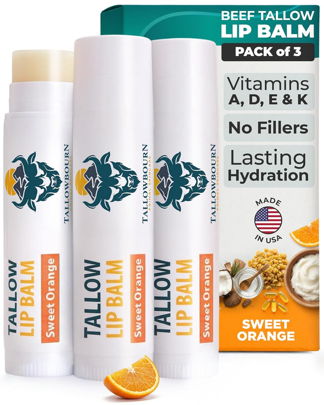 Moisturizing Tallow Lip Balm – Grass-Fed Beef Tallow with Organic Coconut Oil, B