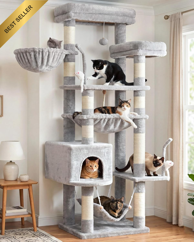 Cat Tree, Cat Tower for Large Cats with 2 Big Platforms, 2 Baskets, Condo and To