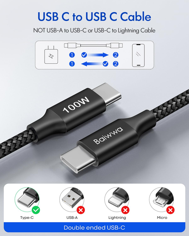 USB C to USB C Cable 100W [10FT 2-Pack], Type C Fast Charging Cord 5A for iPhone
