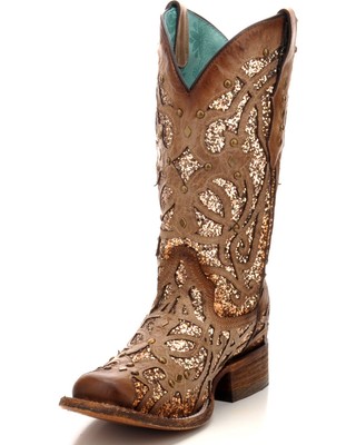 Pre-owned Corral Boots Corral Women's Orix Glitter Inlay And Studded Western Boot - Square Toe - C3275 In Brown