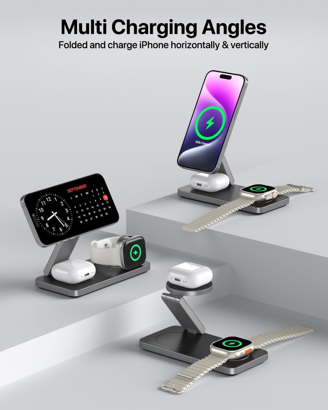 3 in 1 Wireless Charging Station, Magnetic Foldable Fast Mag-safe Charger Stand