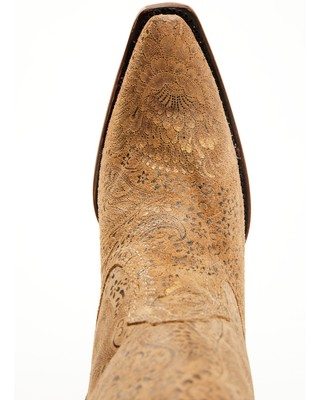 Pre-owned Corral Boots Corral Women's Stamped Floral Suede Tall Western Boot - Snip Toe Sand 9 M In Beige