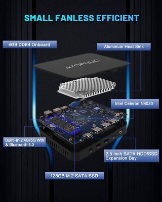 Ubuntu Linux Mini PC Intel Celeron N4020 4GB RAM 128GB SSD Fanless Computer