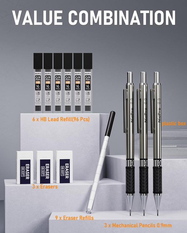 0.9 Mm Mechanical Pencil Set with Case, 3PCS Metal Mechanical Pencils with 6 Tub