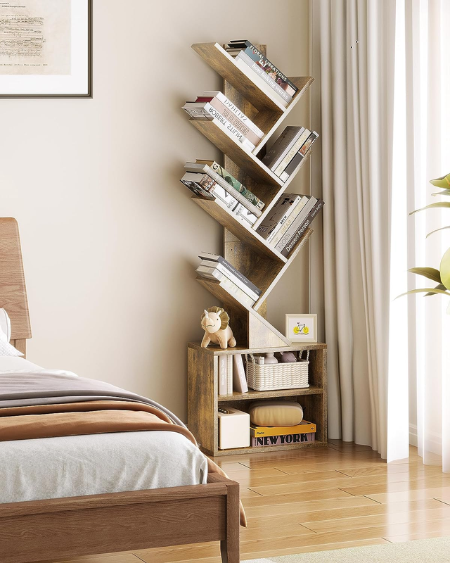6 Tier Tree Bookshelf, Small Bookcase with Storage Cabinet, Modern Tall Narrow B