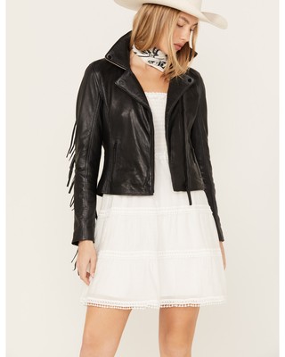 Pre-owned Mauritius Leather Women's Crissy Star And Fringe Detail Jacket - Crissy Rf In Black