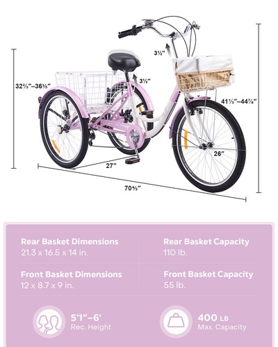 Secondhand 26" Adult Tricycle 7 Speed Wheel Bike for Errands w Padded Seat Front