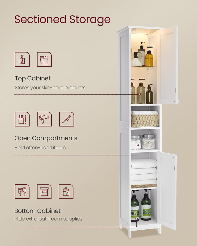 Tall Bathroom Cabinet with Lights, Slim Freestanding Bathroom Storage Cabinet wi
