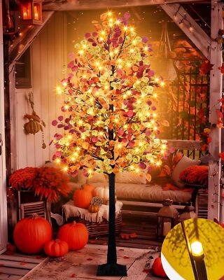 6FT 96LED Lighted Fall Tree Thanksgiving Decor, Artificial Fall Eucalyptus Tr...