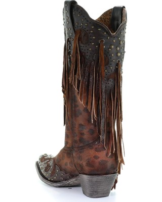 Pre-owned Corral Boots Corral Women's Leopard Stud And Fringe Western Boot - Snip Toe - A3618 In Yellow