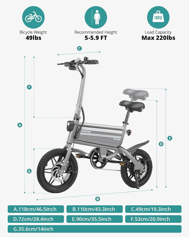 Nano 14" Electric Bike, Max Range 25Miles(Pedal-Assist)&Max Speed 15.5Mph, 250W/