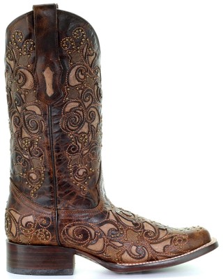 Pre-owned Corral Boots Corral Women's Inlay And Stud Accents Boot - Square Toe - A3326 In Brown
