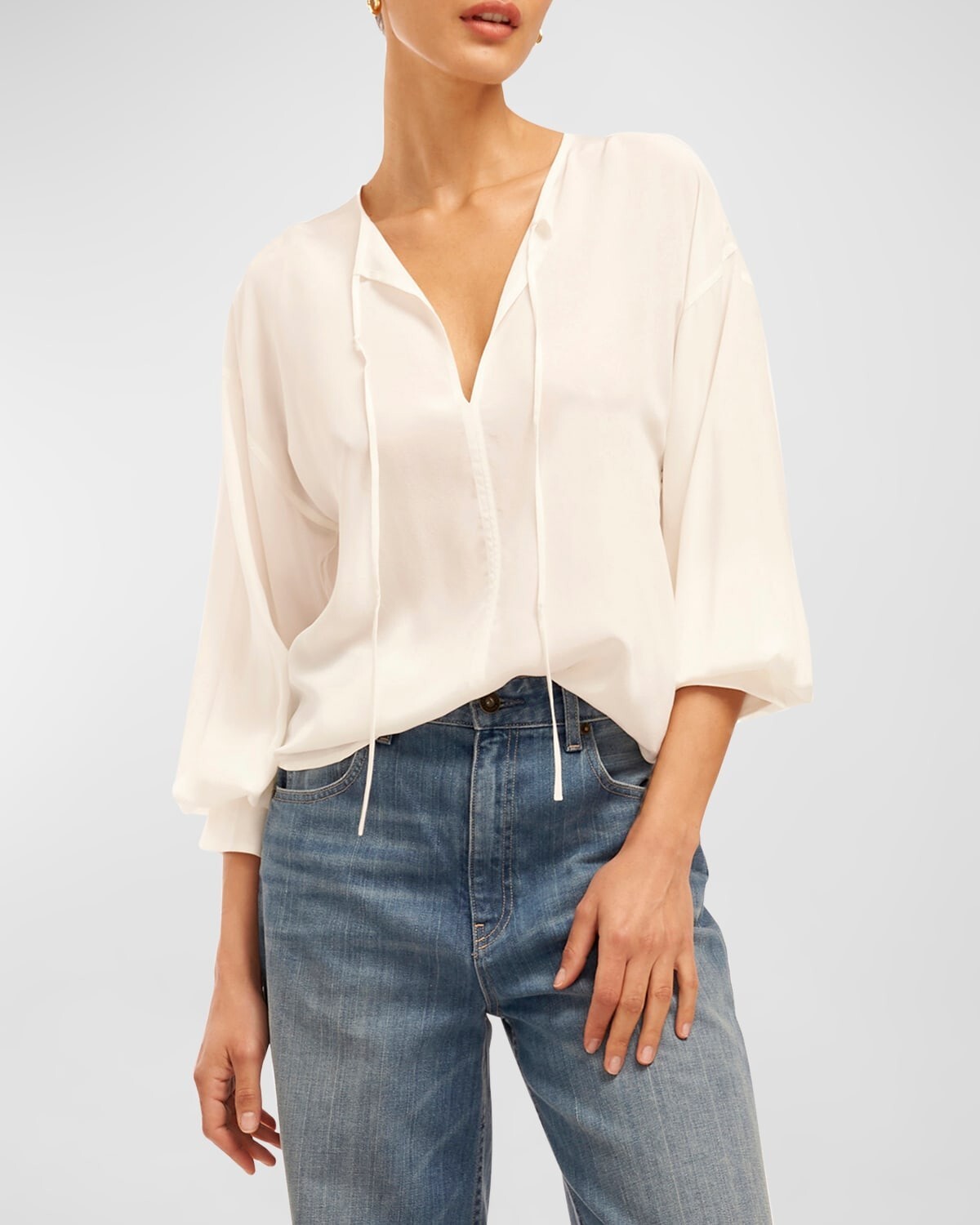 Equipment Femme Hailey Silk Blouse Women's XS Nature White Tie Neck Long Sleeve - Picture 1 of 17