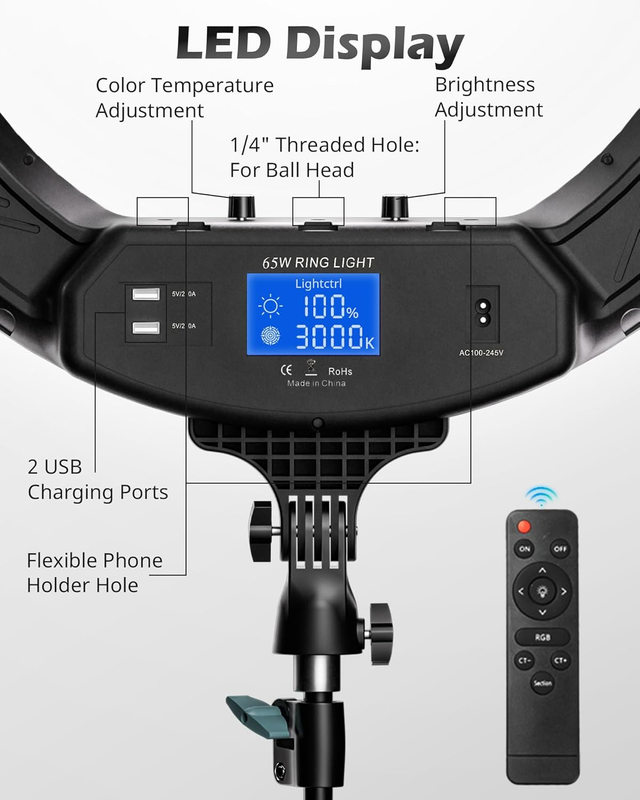 22'' Ring Light with 72'' Stand, 65W Large Ring Light with Phone Holder, Dimmabl