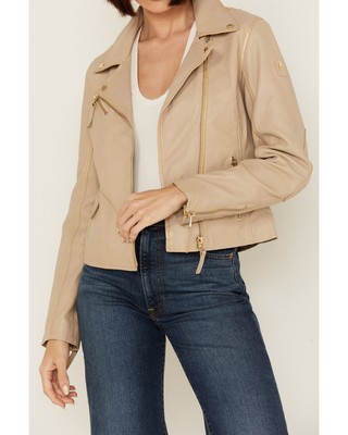 Pre-owned Mauritius Leather Women's Christy Star Zip-front Moto Jacket - Christy3rf In White