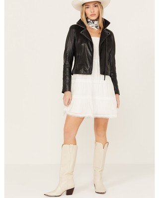 Pre-owned Mauritius Leather Women's Crissy Star And Fringe Detail Jacket - Crissy Rf In Black