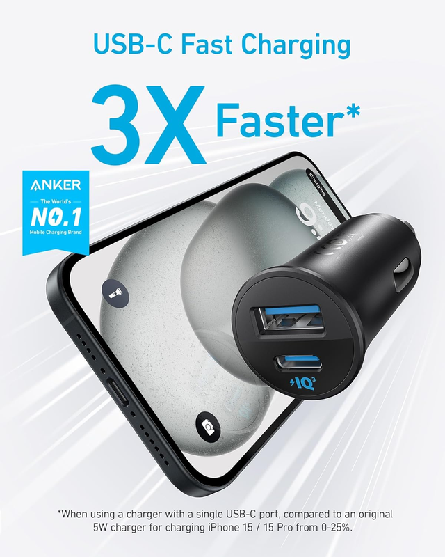 USB-C Car Charger, 30W 2-Port Type-C Car Adapter, iPhone Car Charger with Power