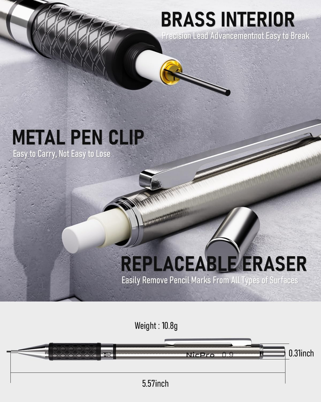 0.9 Mm Mechanical Pencil Set with Case, 3PCS Metal Mechanical Pencils with 6 Tub