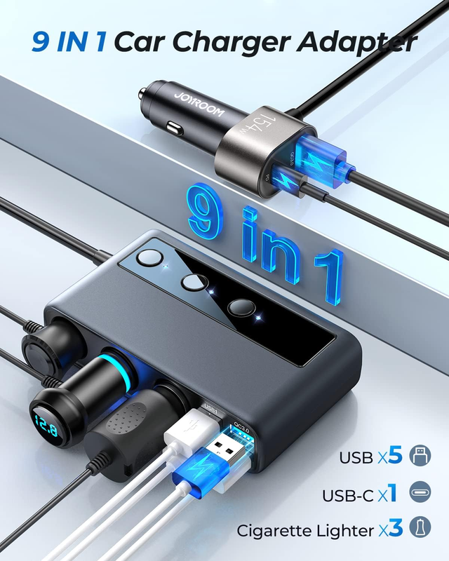 9 in 1 Car Charger Adapter,  3 Socket Cigarette Lighter Splitter with PD/QC 3.0